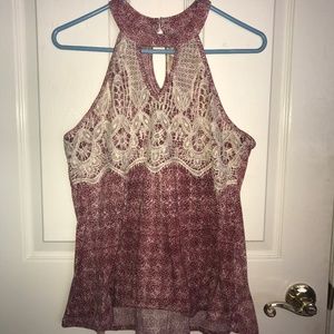 Lace and Patterned Tank Top with High Neckline